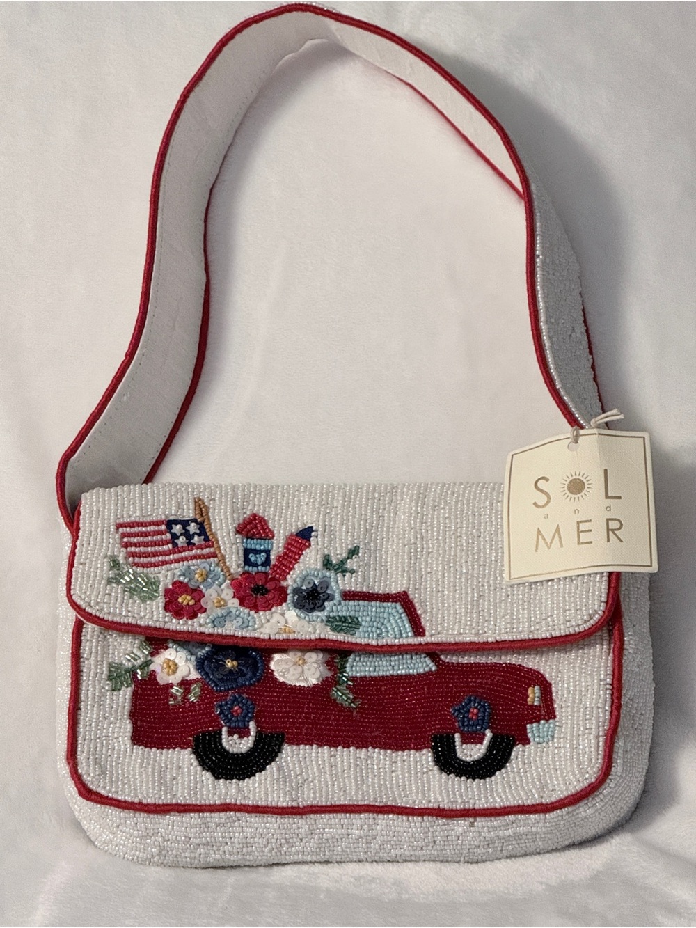 Sol and Mer Beaded Floral Truck Beaded Bag - Red, White and Blue